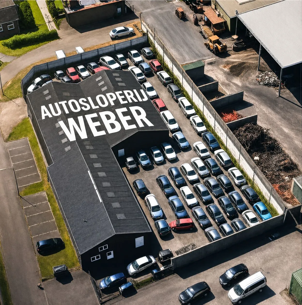 Luchtfoto van het terrein van Autosloperij J. Weber in Geldrop, met de bedrijfsnaam op het dak